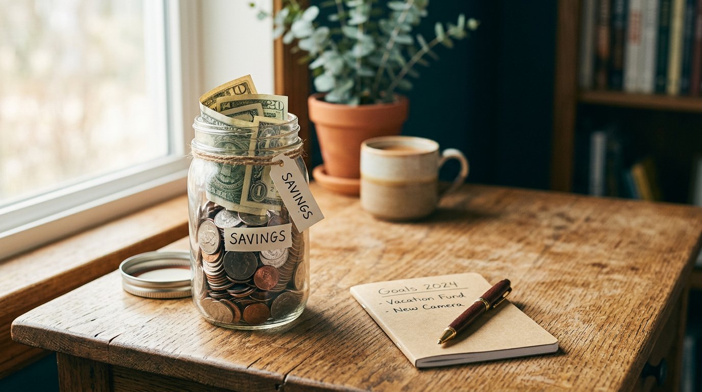 Glass jar of coins and folded notes representing an emergency fund